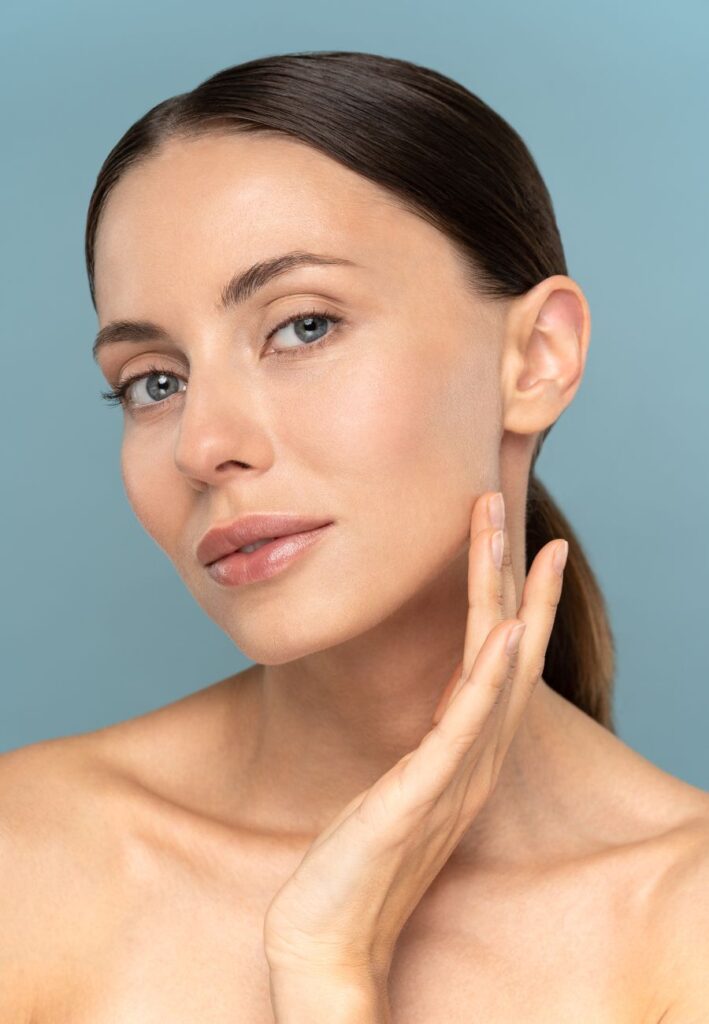 Close up of a woman with youthful, smooth looking skin after exosome treatment